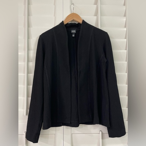 Eileen Fisher Black Waffle Knit Open Front Cardigan - Picture 1 of 8